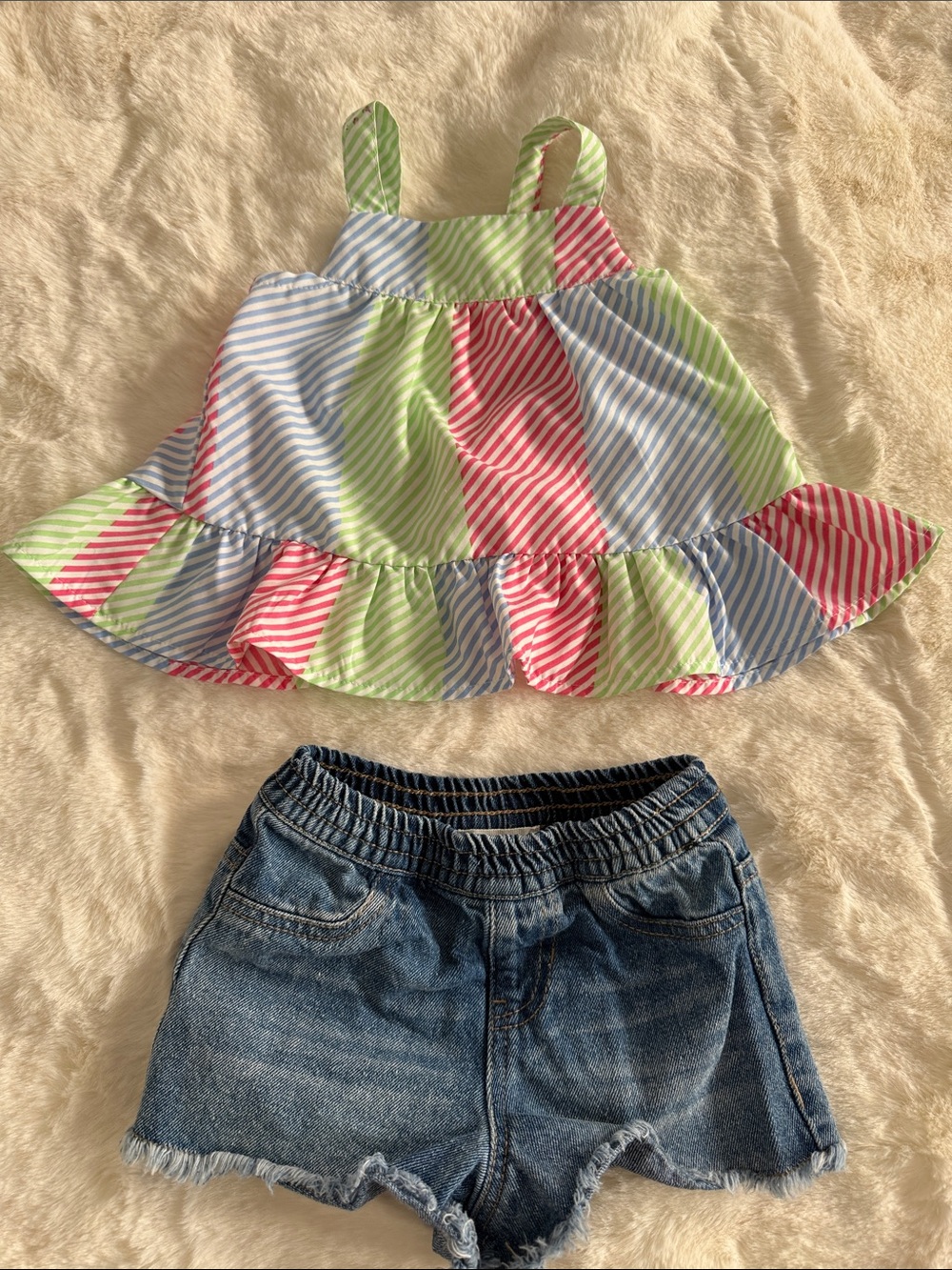 Habitual Striped Ruffle Tank Top & Denim Shorts Set in Pink, Green & Blue